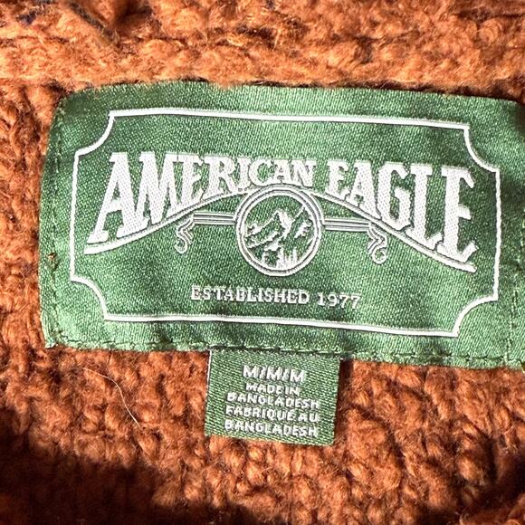 AMERICAN EAGLE M Hooded Pullover Sweater Crop Comfy Cozy Rust Brown Boucle Knit - Picture 6 of 8